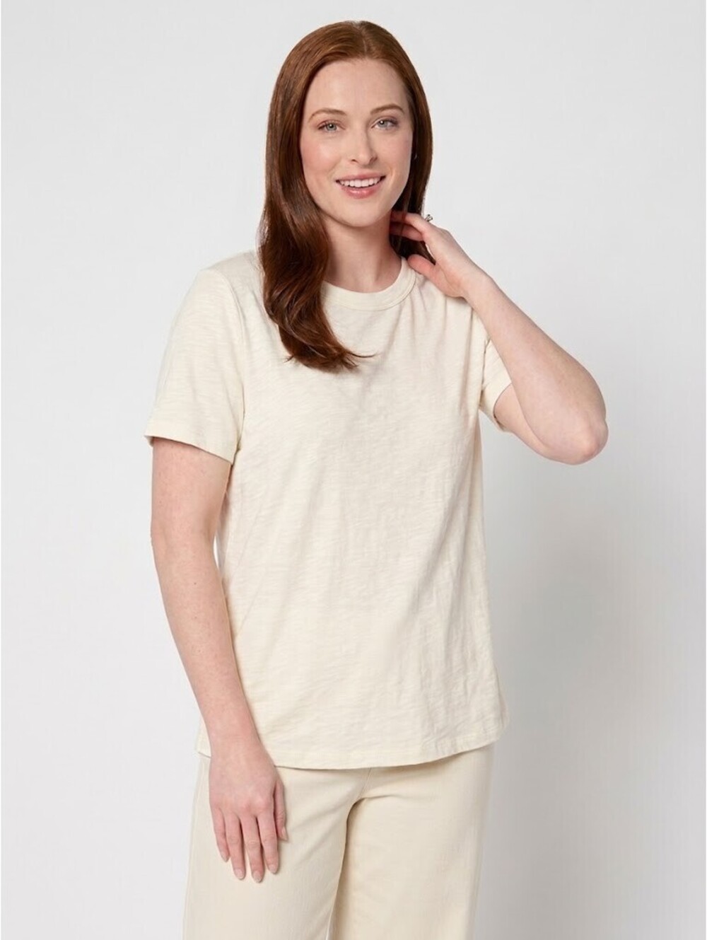 Denim & Co. Essentials Cool to the Touch Cotton Modal Round Neck Top Natural, 1X